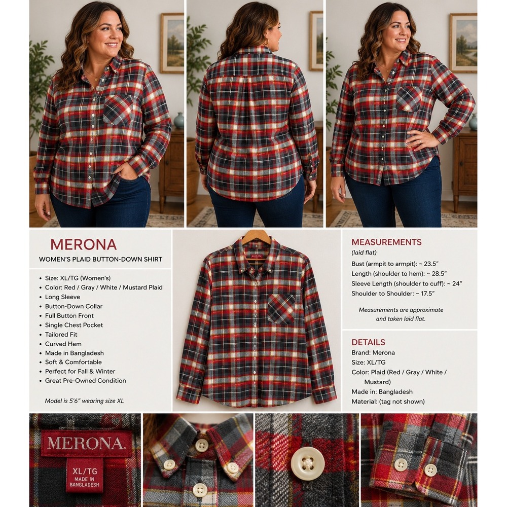 Merona Womens XL Plaid Button Down Shirt Red Gray Mustard Tailored Fit Top